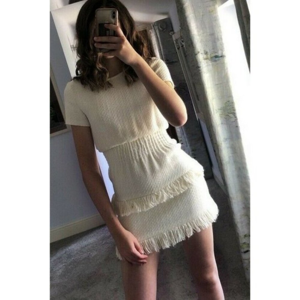Maje cream fringed tweed Rabata dress